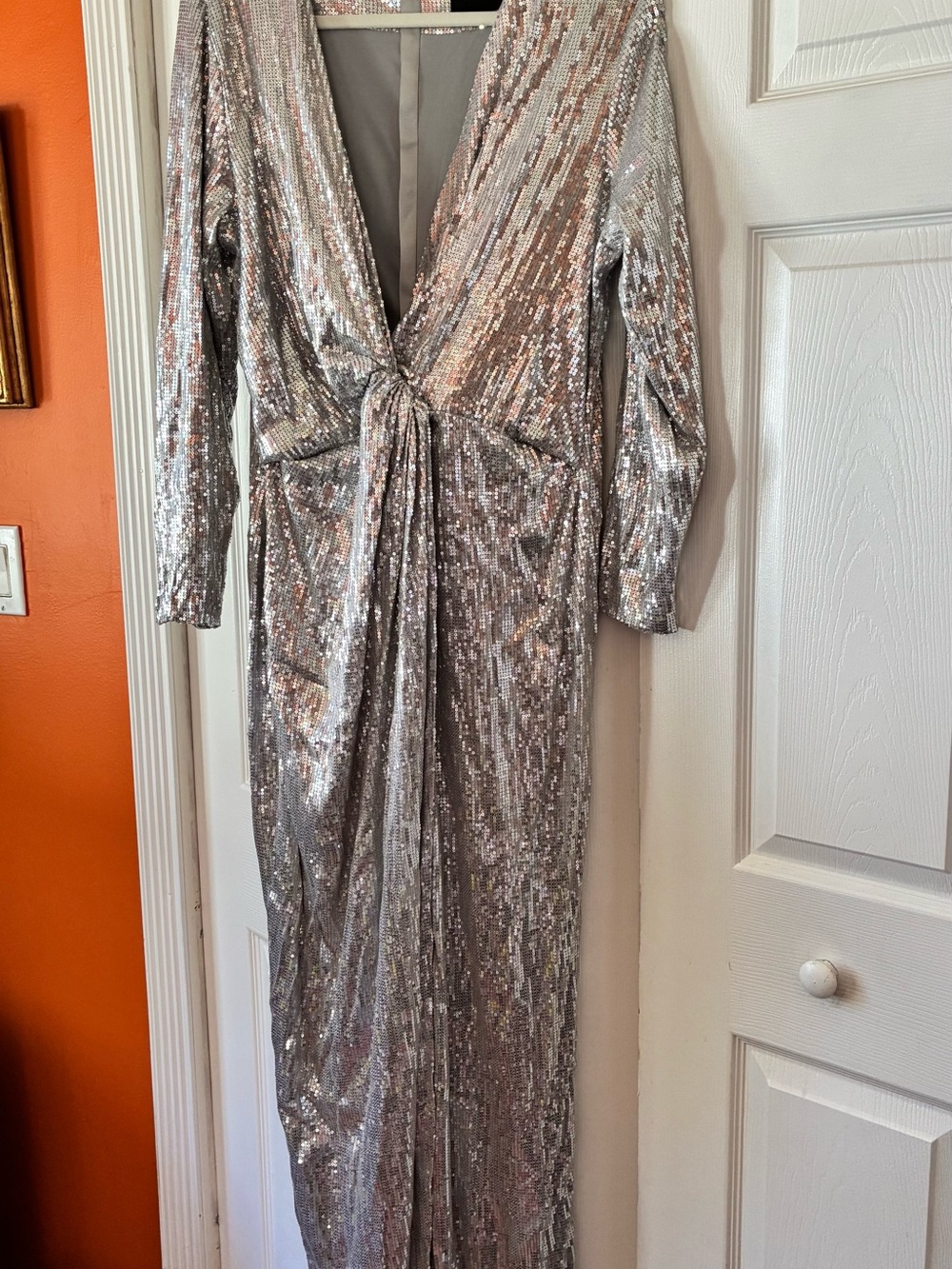 Jason Wu for ELOQUII Silver Sequin Long-Sleeve Tie-Front Gown